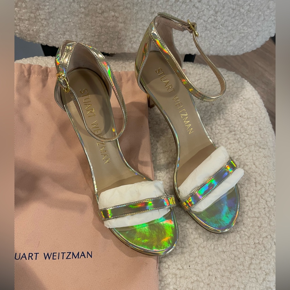 STUART WEITZMAN gold holographic NUNAKEDSTRAIGHT sandals